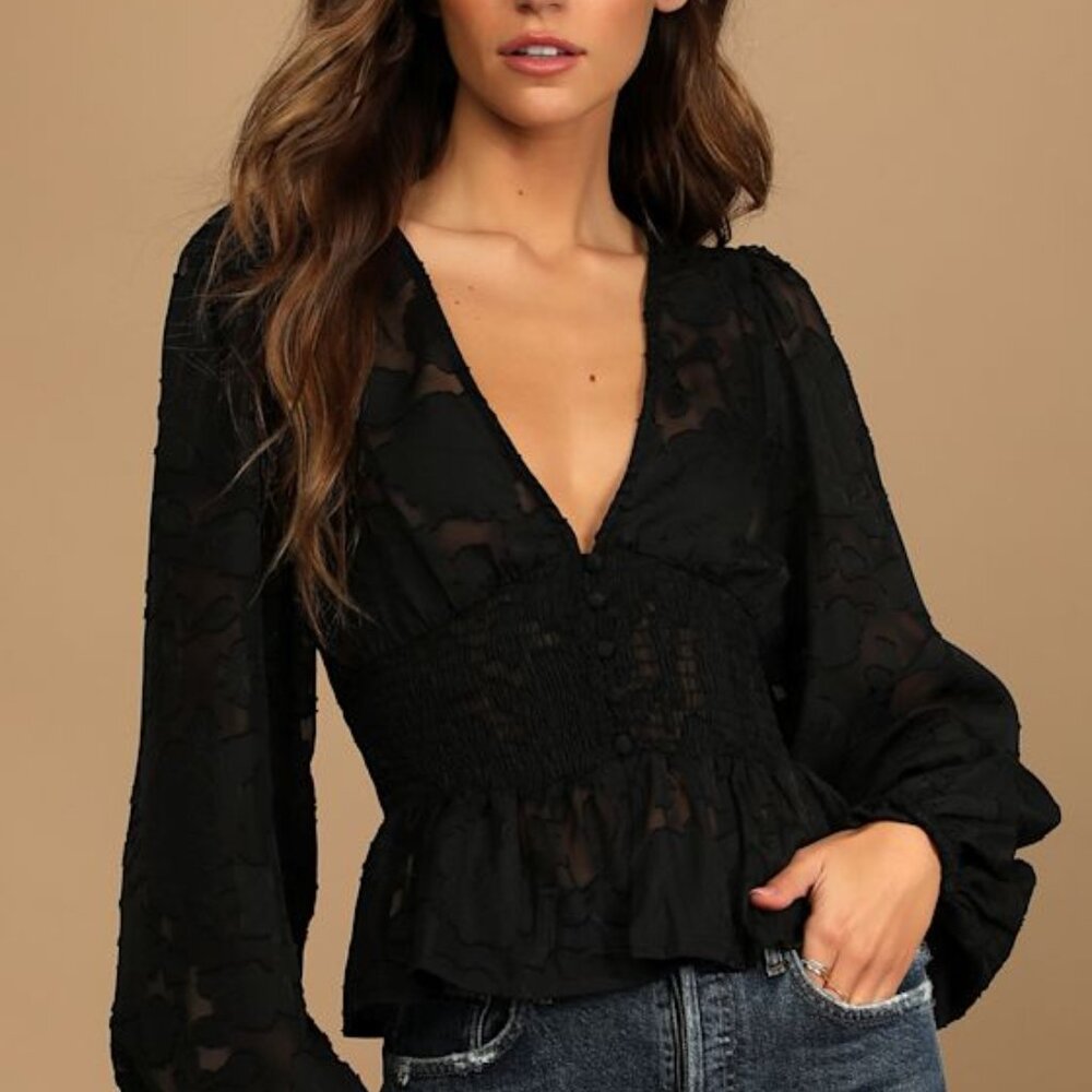 Lulus Patio Date Black Floral Jacquard Button-up Long Sleeve Top - Size S